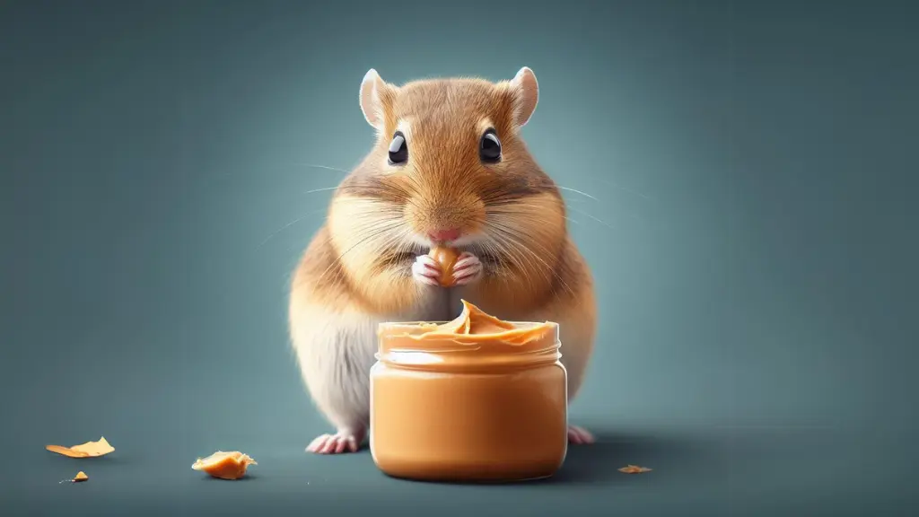 A gerbal eating peanut butter with a jar of peanut butter infront of it This is the picture for the article: Can Gerbils Eat Peanut Butter.