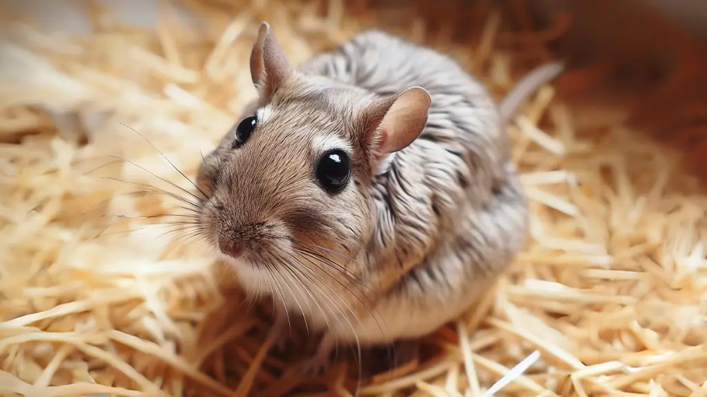A gerbil looking worried sat on hay. This is the picture for the article: Can Gerbils Get Wet Tail