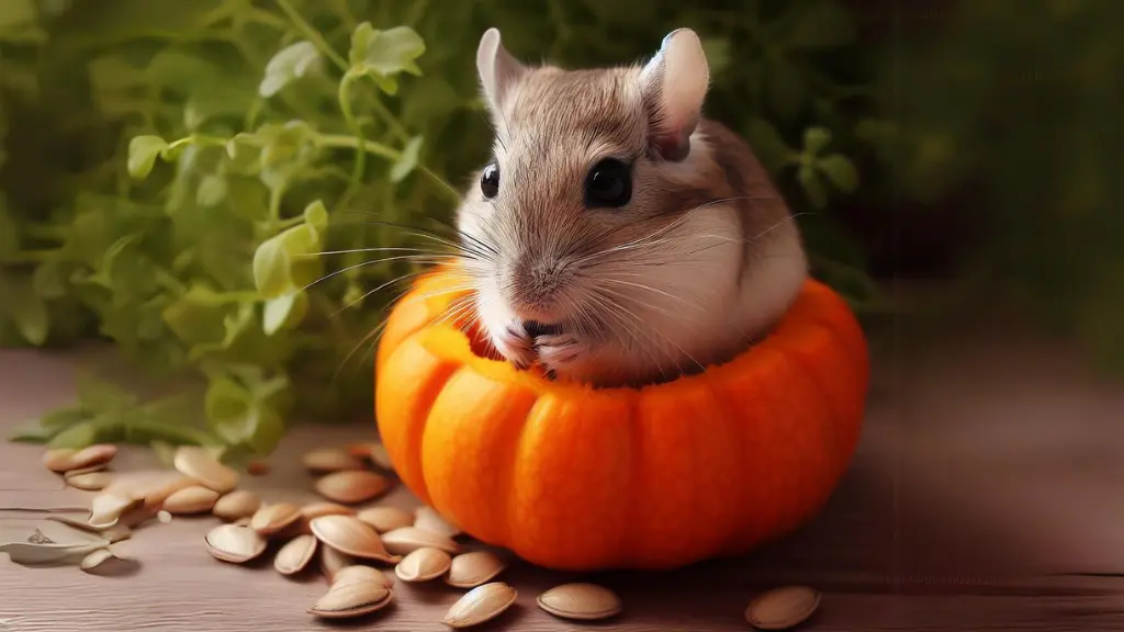 A gerbil eating spumpkin seeds inside a pumpkin