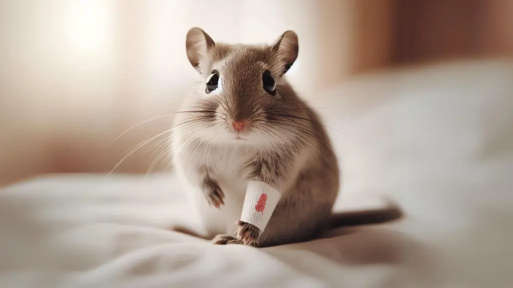 Picture of a gerbil with a bandage on its front leg with some blood showing through. Picture for the article: What to Do if Your Gerbil Is Bleeding