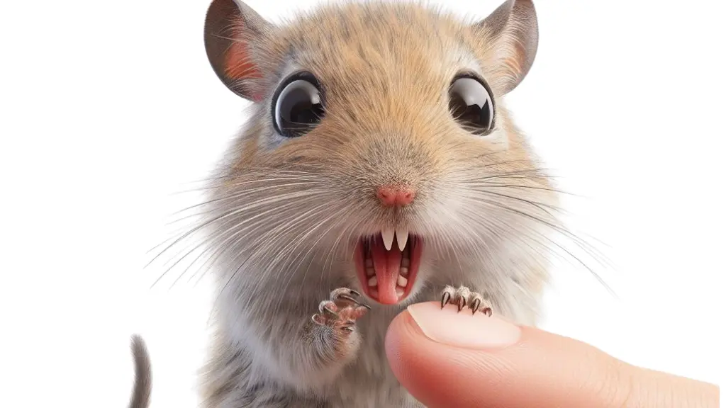 Picture of a gerbil about to bite a finger. This is the picture for the article: Why Do Gerbils Bite
