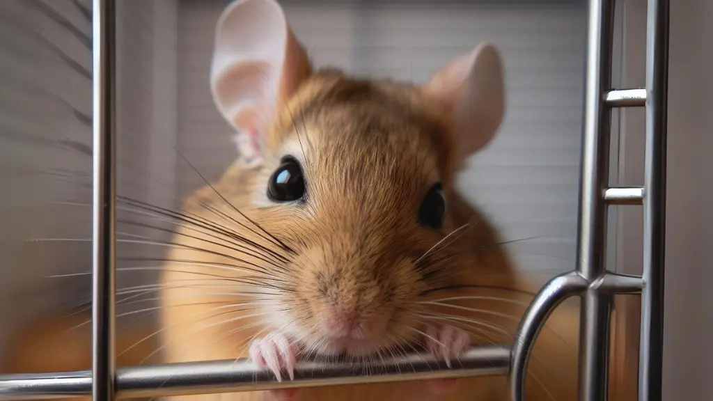 Picture of a gerbil biting a bar of its cage. The picture is for the article titled: Why Is My Gerbil Biting Its Cage Bars