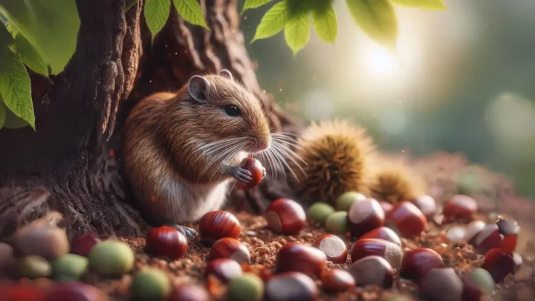 Can Gerbils Eat Chestnuts? 7 Picture of a gerbil eating chestnuts whil sat under a chestnut tree. Thre are chesnust on the ground next to the gerbil. This is the featured image for the article titled: Can gerbils eat chestnuts.