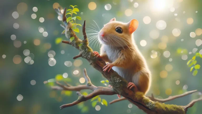 Can Gerbils Climb? 5 Picture of a gerbil climbing on a small branch that has green moss on it. The picture is for the article; Can gerbils climb