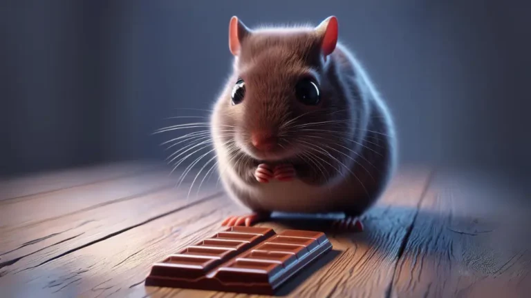 Can Gerbils Eat Chocolate? 4 A picture of a gerbil looking at a bar of chocolate that is on the ground infront of it. The picture is for the article; Can gerbils eat chocolate