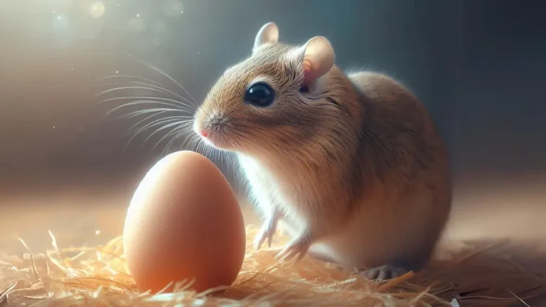 Can Gerbils Eat Eggs? 2 A gerbil looking at an egg it is sat next to. The picture is for the article; can gerbils eat eggs.