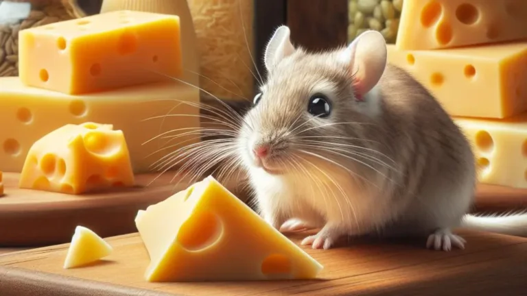 What Kind of Cheese Can Gerbils Eat? 7 A gerbil surrounded by different types of cheese. The picture is for the article; What types of cheese can a gerbil eat.
