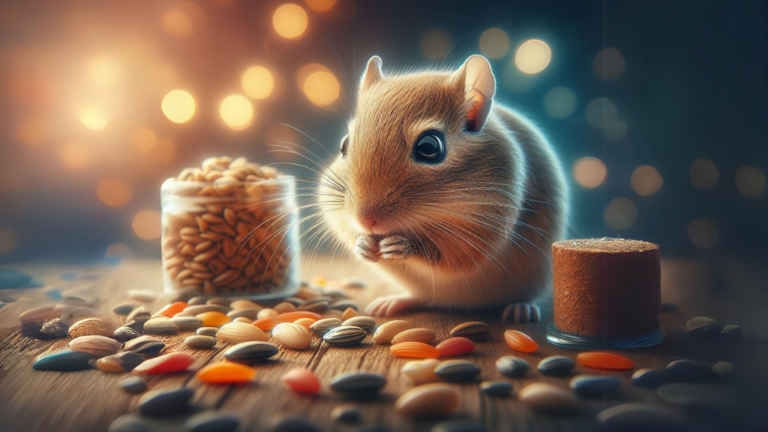 What Seeds Can Gerbils Eat? 3 A gerbil sat nibbling a seed. There are a variety of seeds in front of the gerbil. The picture is for the article; What seeds can a gerbil eat.